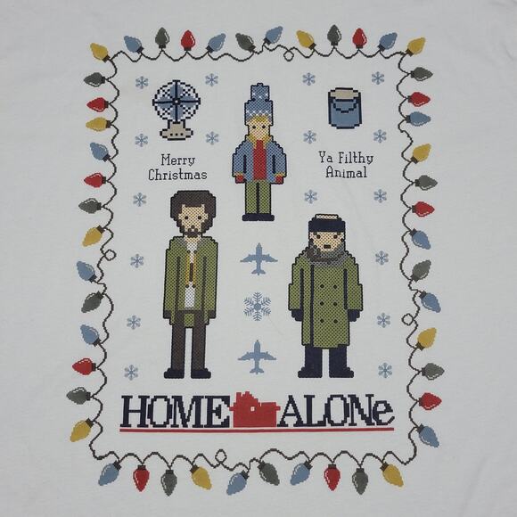 Home Alone White Unisex Faux Cross Stitch Christmas Tee - Size Large - Picture 2 of 4